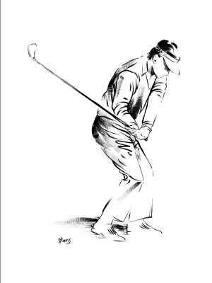 Sport illustratie van een Golf speler. (nr1 van 4) Zwarte acrylverf op papier