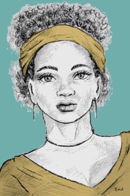 Portret Afrikaanse vrouw in grijs turquoise en oker geel
