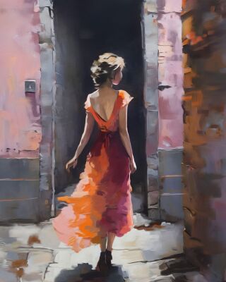 Digitaal schilderij meisje in oranje rode jurk