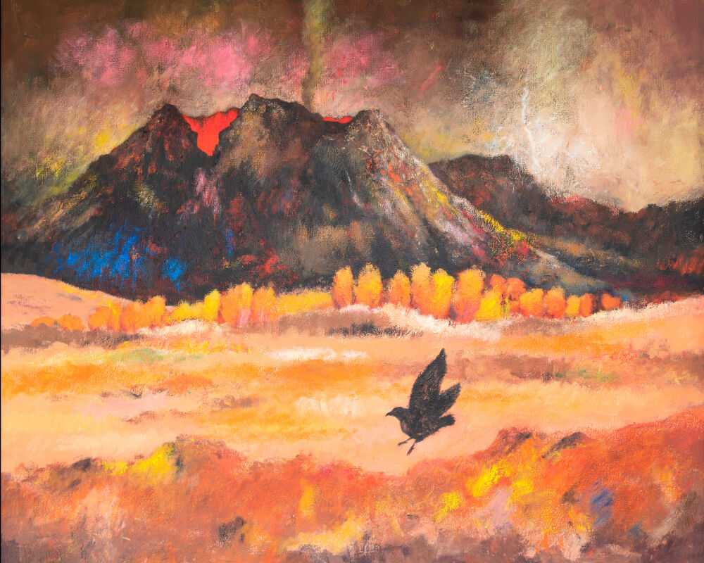 De vogel en de gloeiende vulkaan - acryl op doek