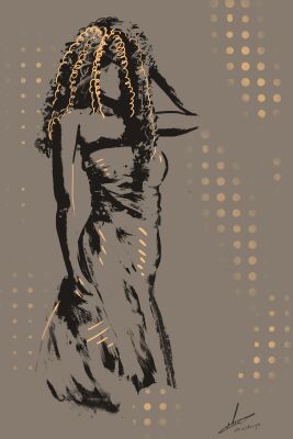 Tekening vrouw met krullen - goud en taupe kleur