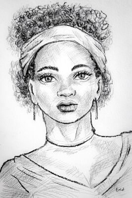 Potlood tekening in grijs tinten - portret van een Afrikaanse jonge vrouw
