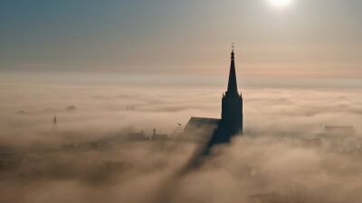 The Martini tower in Doesburg in a foggy morning