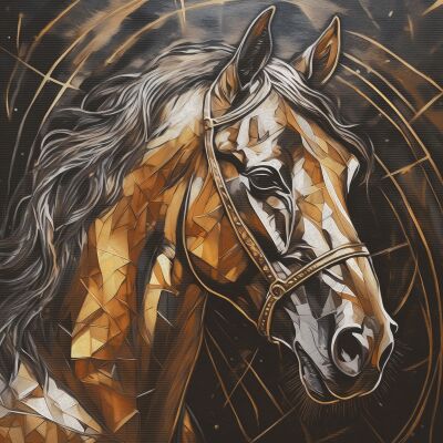 Chique kunstwerk van een paarden hoofd in bruin, oranje, zwart en lichtgrijs. Vierkant werk met veel detail en textuur effecten.