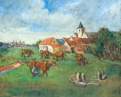Koeien melken in de weide - olieverf op doek - Pieter Ringoot