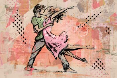 Kleurig street art schilderij van een dansend koppel