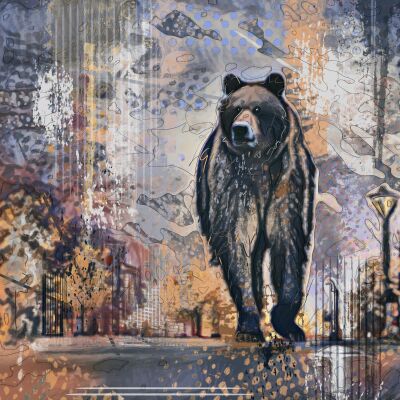 Mixed media kunstwerk - bruine beer in de stad