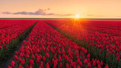 Rode tulpenveld bij zonsopkomst in de provincie Groningen
