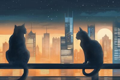 Twee katten op een schutting met op de achtergrond een skyline van een stad