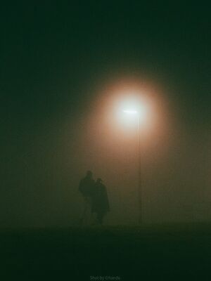 Romantic stroll on a foggy night