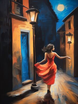 Vrouw met rode jurk danst door de straten.
