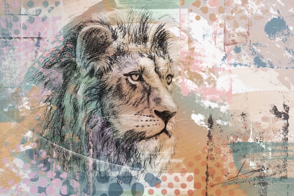 Mixed media kunstwerk van een leeuw