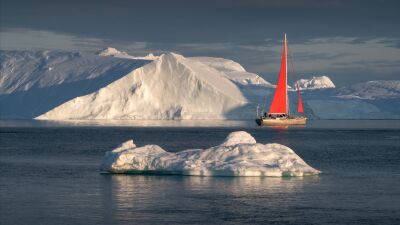 Zeilboot tussen de ijsbergen in Groenland