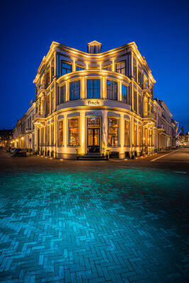 Golden hotel in blue hour