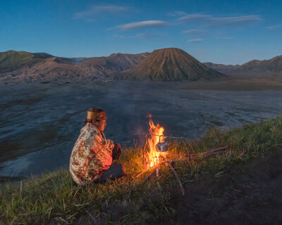 Making coffee in the early morning, with Mt Bromo in the background