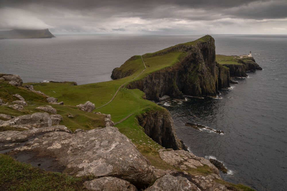 Neist Point Lighthouse in Scotland on a cloudy afternoon