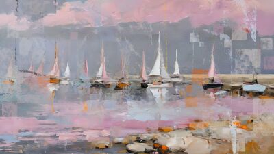 Kunstwerk in roze en oranje - zeezicht met boten