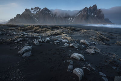 Stokness beach and the Vestrahorn mountain range in Iceland