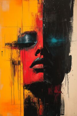 Tegenstellingen in Harmonie Abstract Portret in Rood, Geel en Zwart