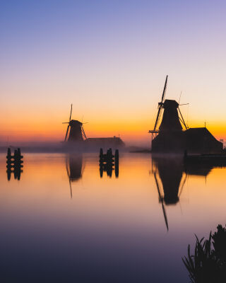 Windmills Zaanse Schans Mist Golden Hour