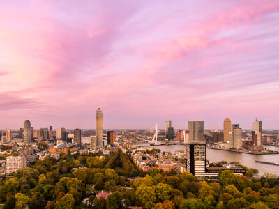 View on the skyline of Rotterdam during sunset