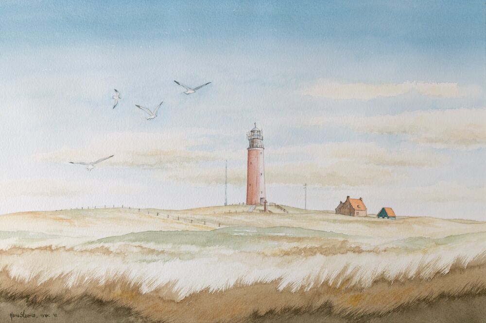 De rode vuurtoren op het waddeneiland Texel (1992) - Duin landschap aquarel door Hans Sturris