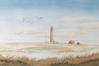 De rode vuurtoren op het waddeneiland Texel (1992) - Duin landschap aquarel door Hans Sturris
